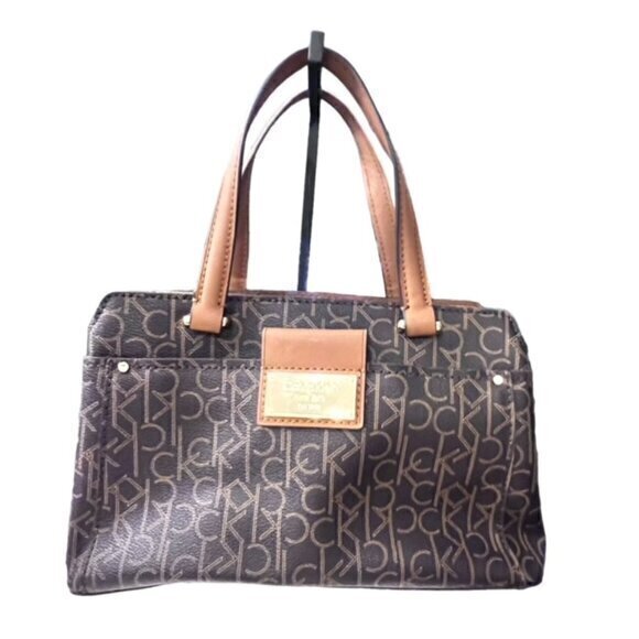 🎉SALE🎉 Calvin Klein LOGO Satchel Bag Crossbody Brown Gold‎ Designer NWOT Boxy - Picture 1 of 16